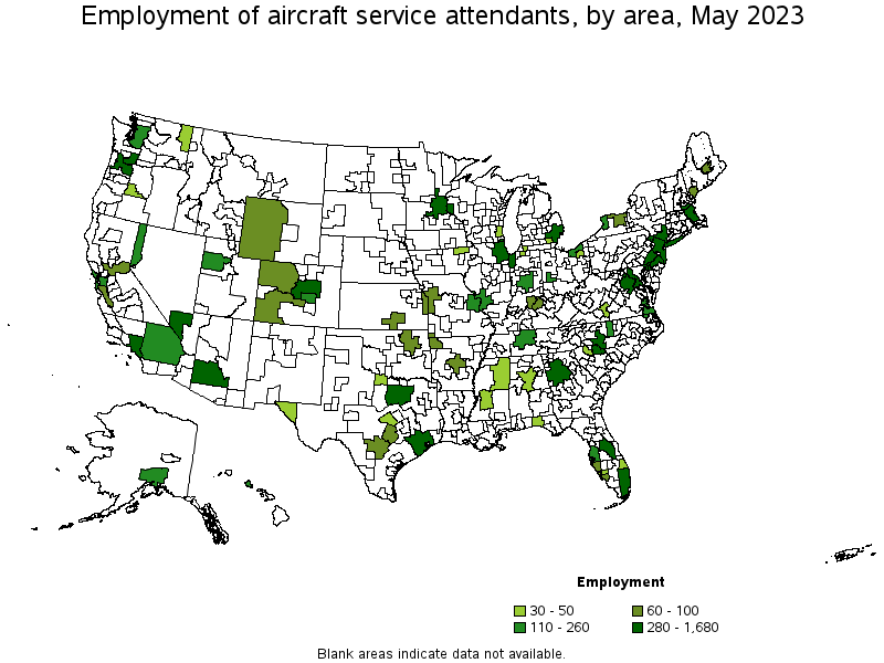 Map of employment of aircraft service attendants by area, May 2023