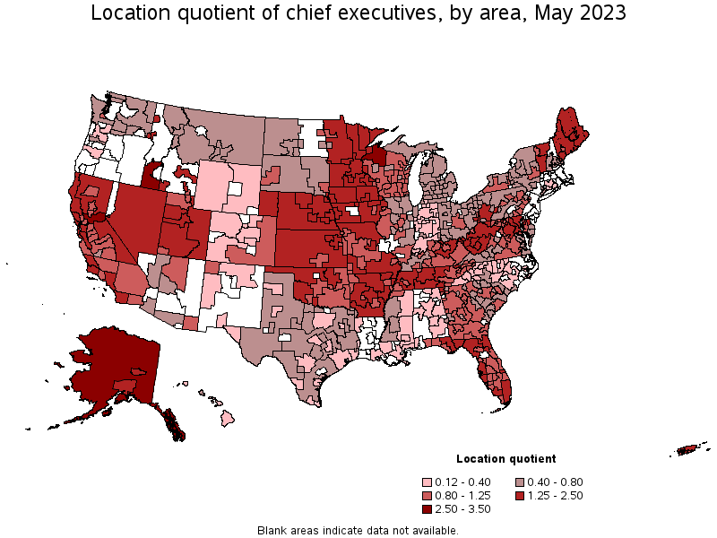 Map of location quotient of chief executives by area, May 2023