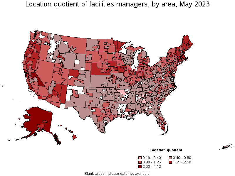 Map of location quotient of facilities managers by area, May 2023