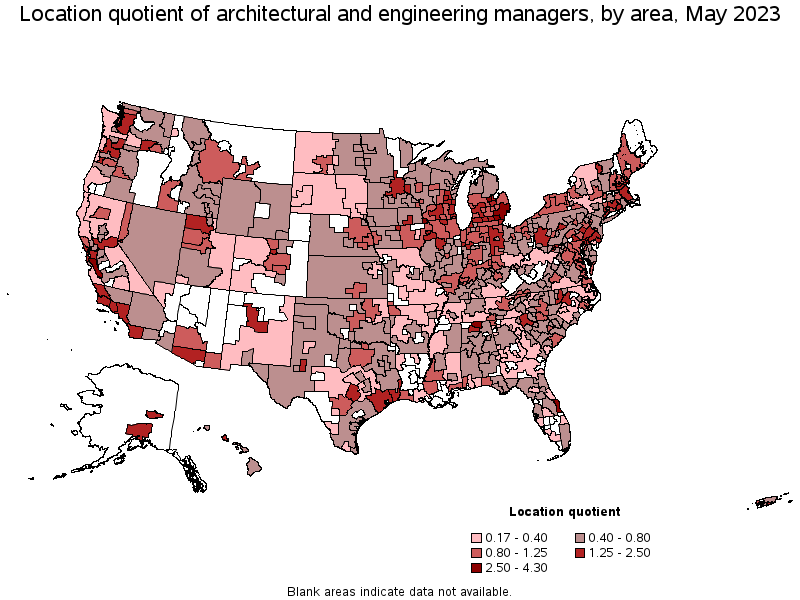 Map of location quotient of architectural and engineering managers by area, May 2023