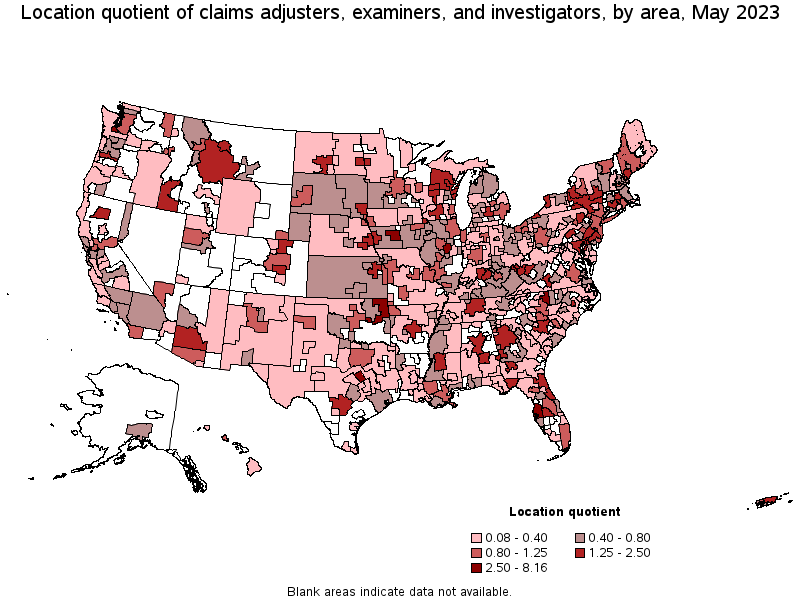 Map of location quotient of claims adjusters, examiners, and investigators by area, May 2023