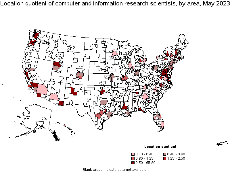 Map of location quotient of computer and information research scientists by area, May 2023