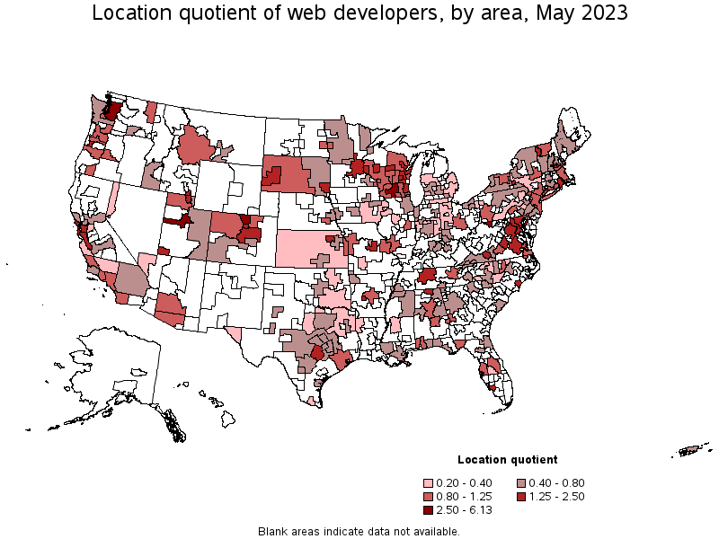 Map of location quotient of web developers by area, May 2023