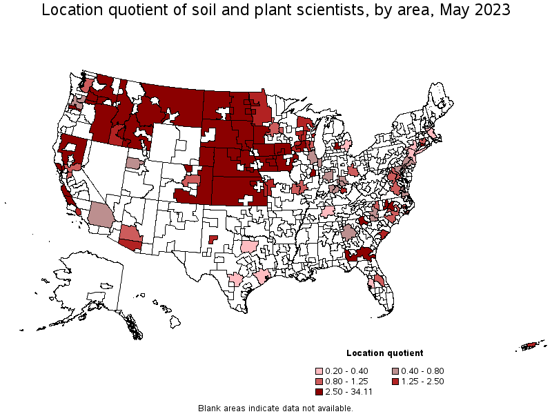 Map of location quotient of soil and plant scientists by area, May 2023