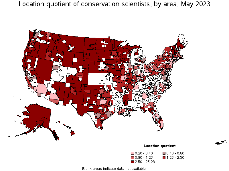 Map of location quotient of conservation scientists by area, May 2023