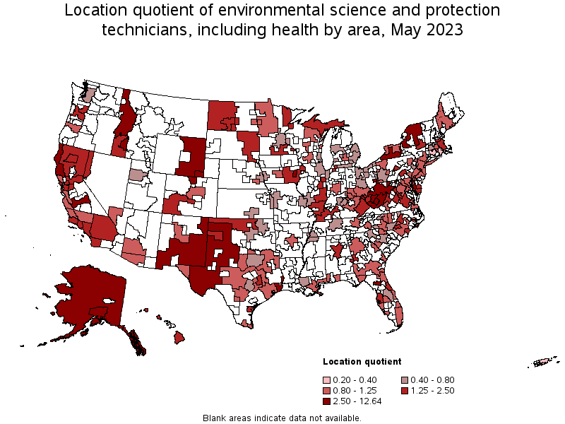 Map of location quotient of environmental science and protection technicians, including health by area, May 2023
