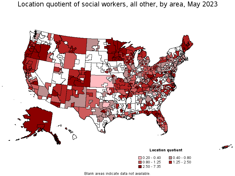 Map of location quotient of social workers, all other by area, May 2023