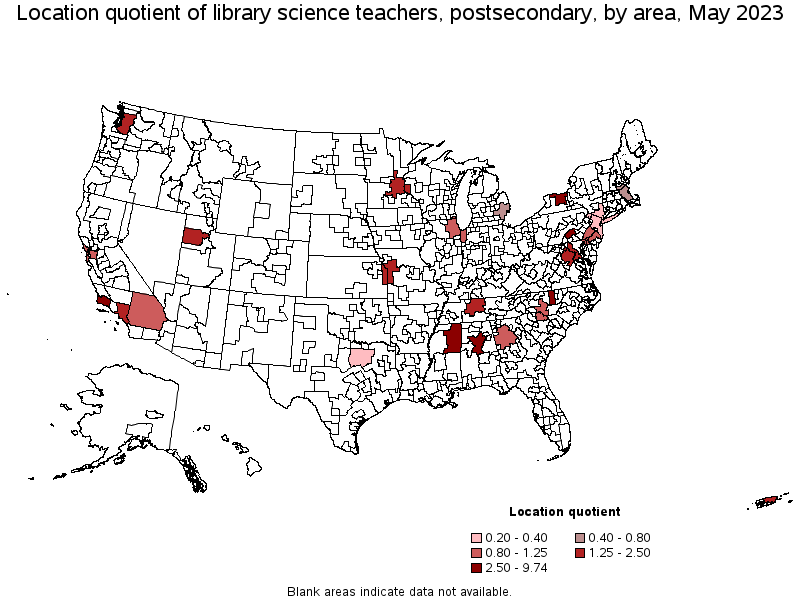 Map of location quotient of library science teachers, postsecondary by area, May 2023