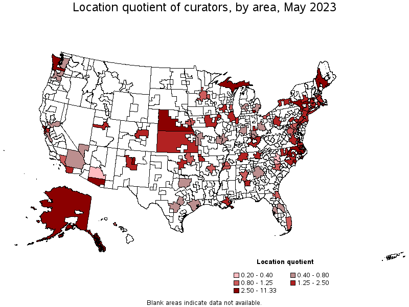 Map of location quotient of curators by area, May 2023