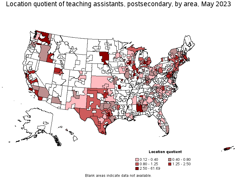 Map of location quotient of teaching assistants, postsecondary by area, May 2023