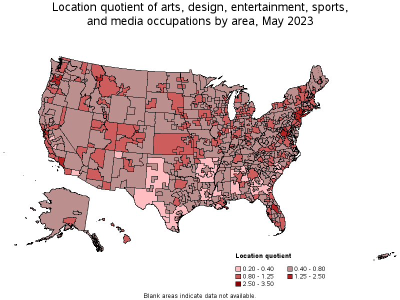 Map of location quotient of arts, design, entertainment, sports, and media occupations by area, May 2023