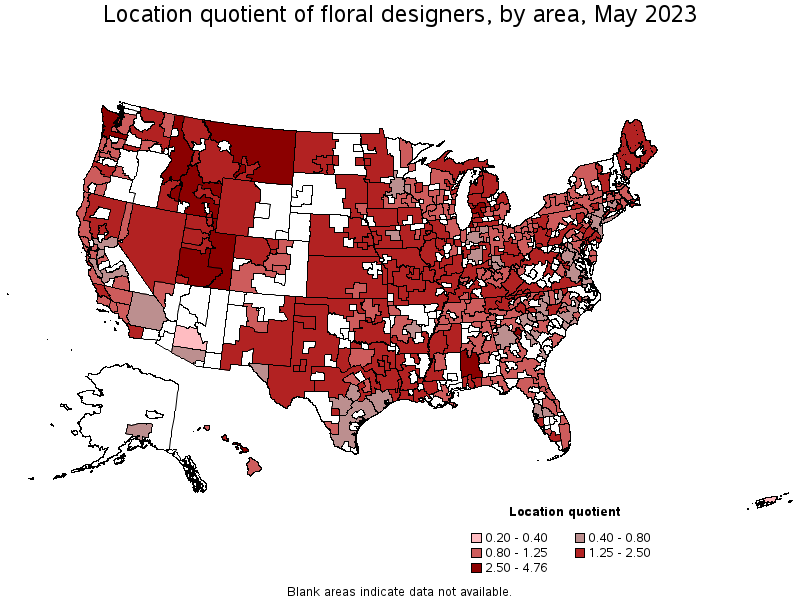 Map of location quotient of floral designers by area, May 2023