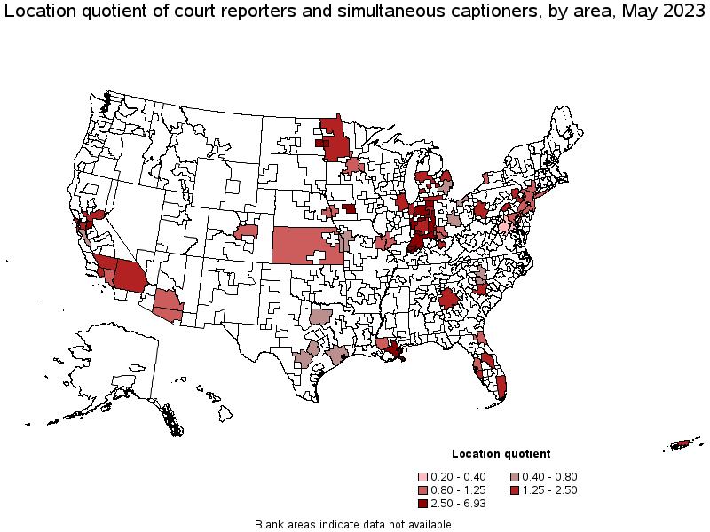 Map of location quotient of court reporters and simultaneous captioners by area, May 2023