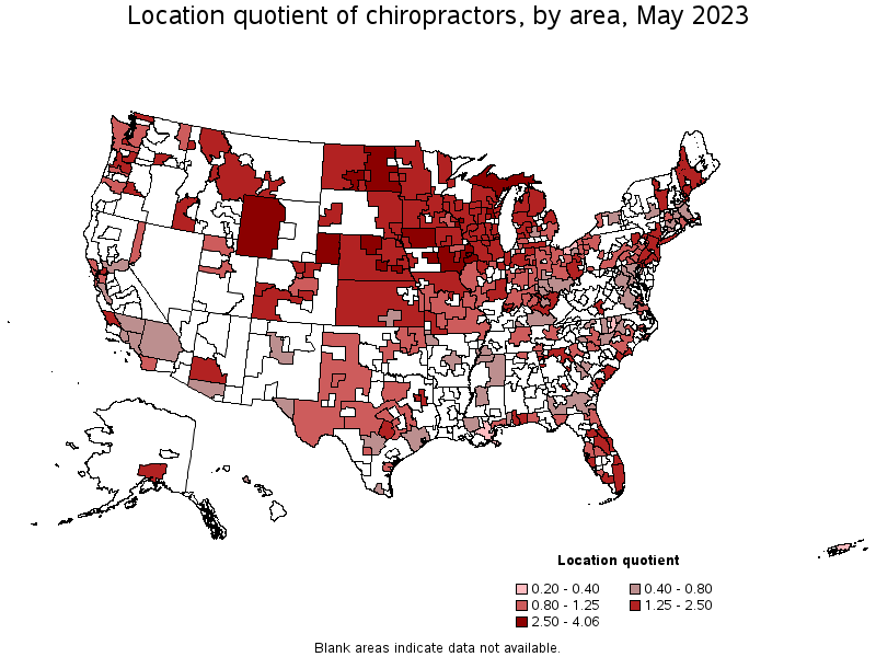 Map of location quotient of chiropractors by area, May 2023