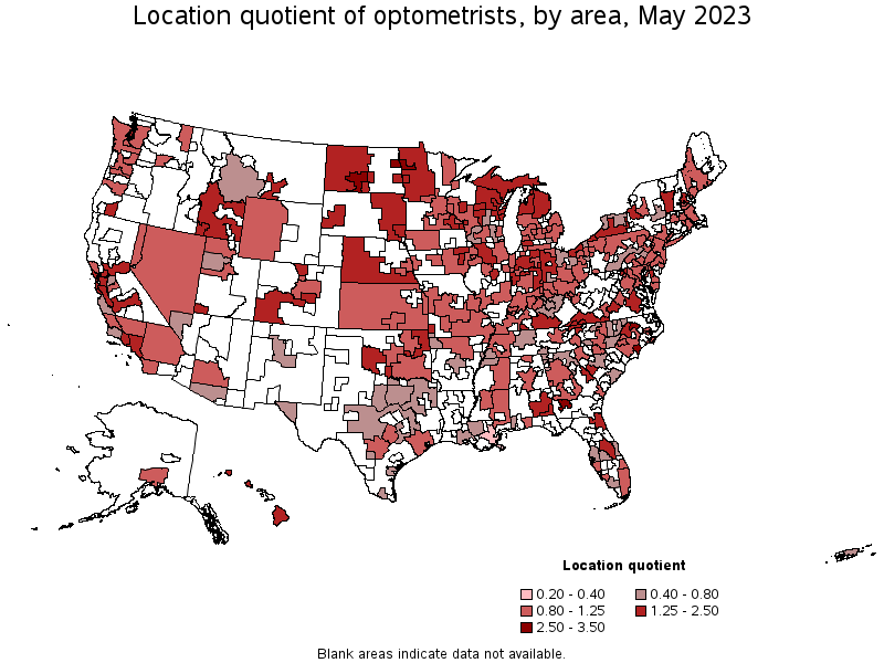 Map of location quotient of optometrists by area, May 2023