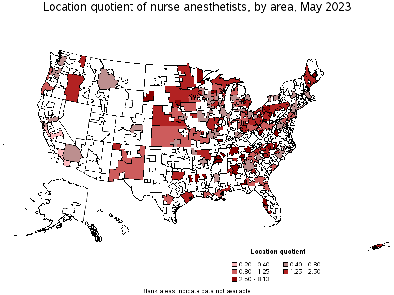 Map of location quotient of nurse anesthetists by area, May 2023