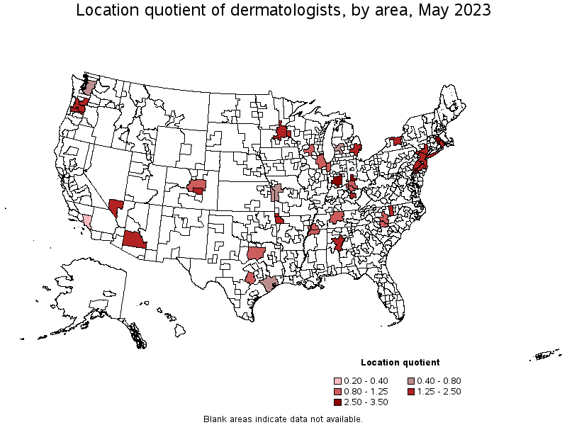 Map of location quotient of dermatologists by area, May 2023