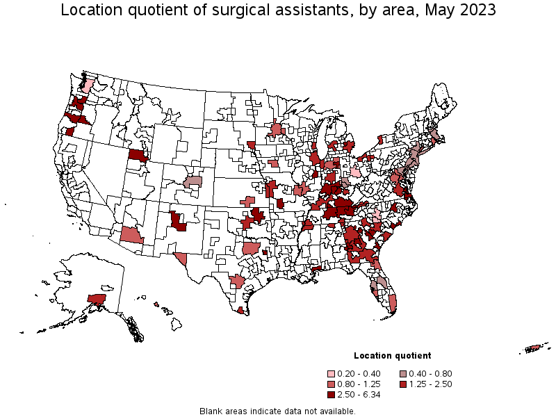 Map of location quotient of surgical assistants by area, May 2023