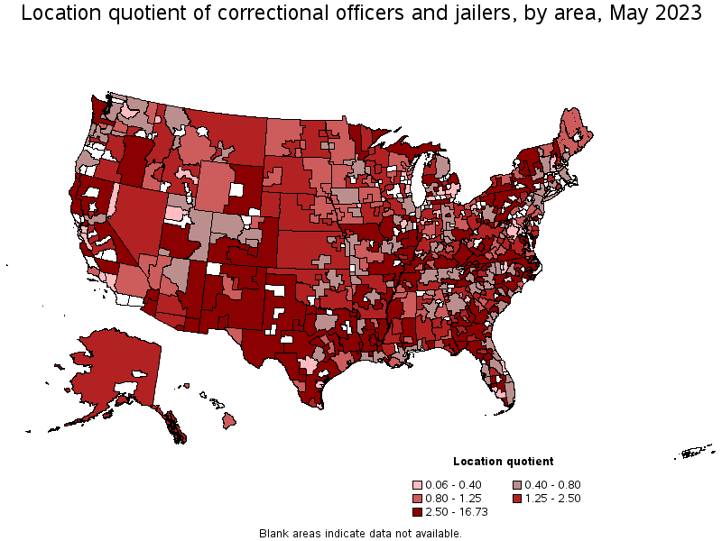 Map of location quotient of correctional officers and jailers by area, May 2023