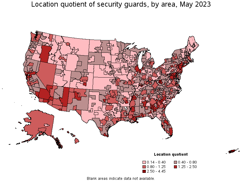 Map of location quotient of security guards by area, May 2023
