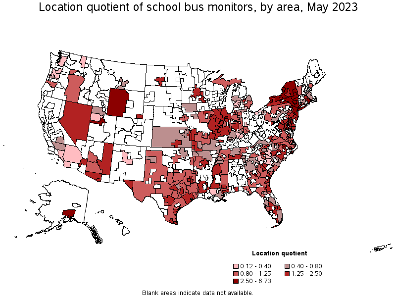 Map of location quotient of school bus monitors by area, May 2023
