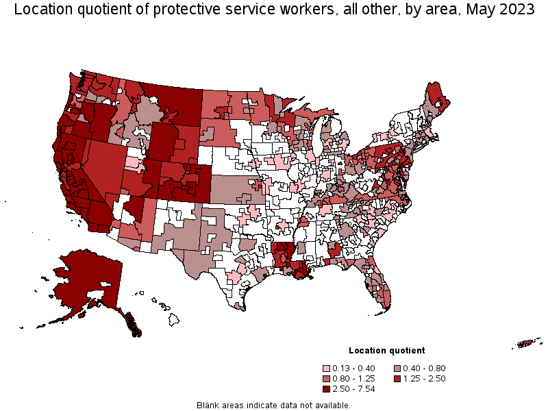 Map of location quotient of protective service workers, all other by area, May 2023
