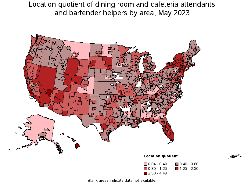 Map of location quotient of dining room and cafeteria attendants and bartender helpers by area, May 2023