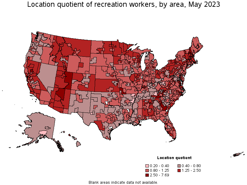 Map of location quotient of recreation workers by area, May 2023