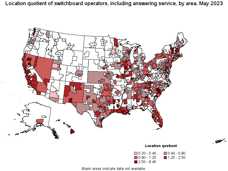 Map of location quotient of switchboard operators, including answering service by area, May 2023