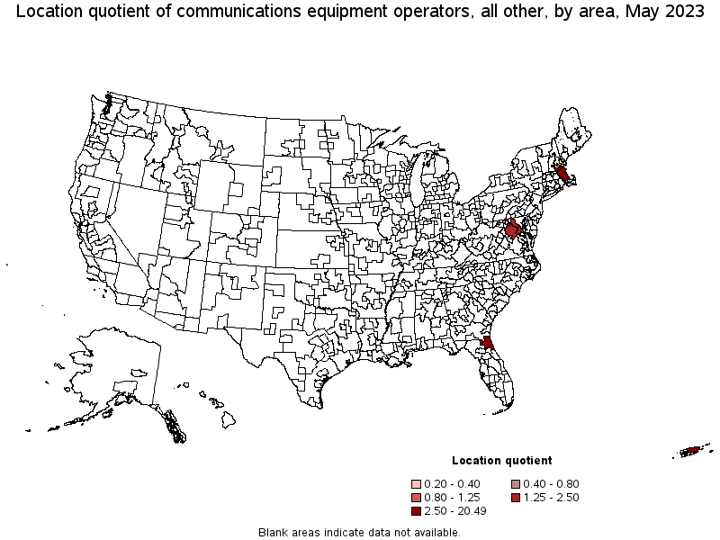 Map of location quotient of communications equipment operators, all other by area, May 2023