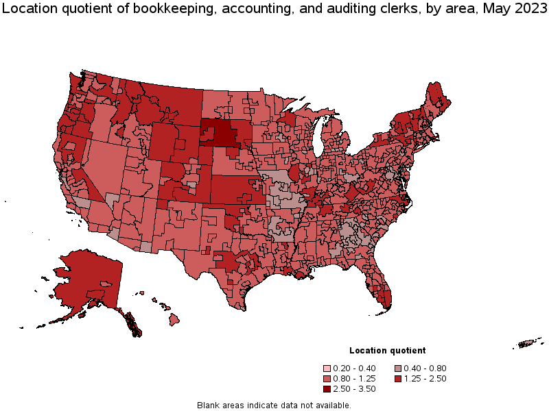 Map of location quotient of bookkeeping, accounting, and auditing clerks by area, May 2023