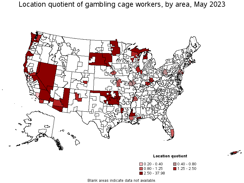 Map of location quotient of gambling cage workers by area, May 2023