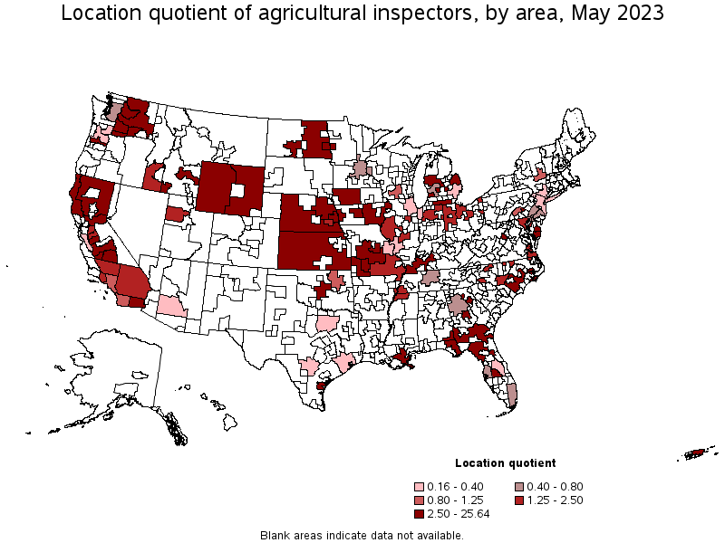 Map of location quotient of agricultural inspectors by area, May 2023