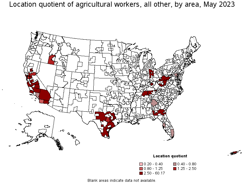 Map of location quotient of agricultural workers, all other by area, May 2023