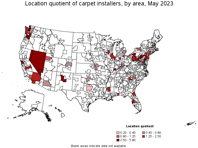 Map of location quotient of carpet installers by area, May 2023