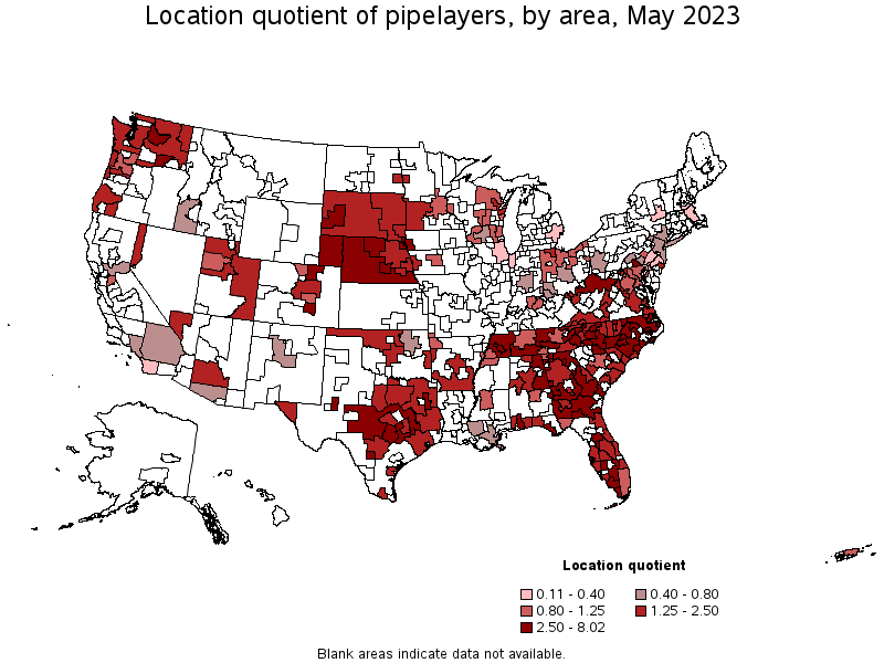 Map of location quotient of pipelayers by area, May 2023
