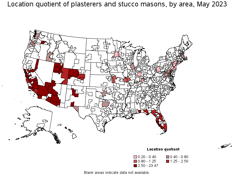 Map of location quotient of plasterers and stucco masons by area, May 2023