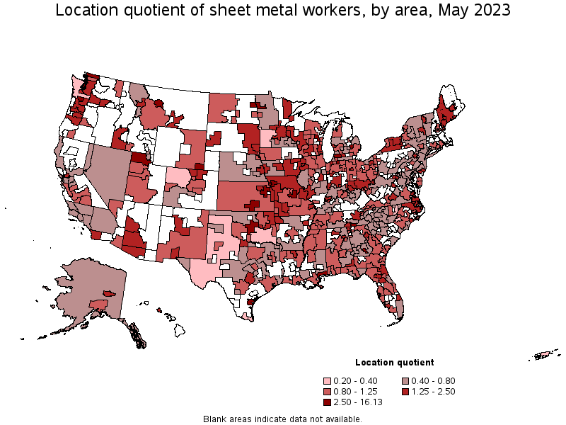 Map of location quotient of sheet metal workers by area, May 2023