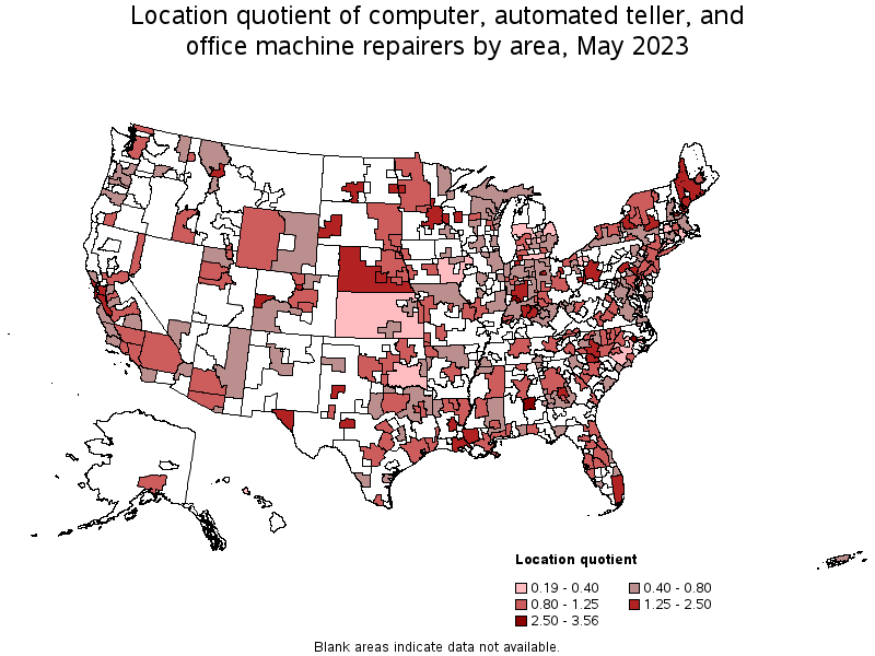 Map of location quotient of computer, automated teller, and office machine repairers by area, May 2023