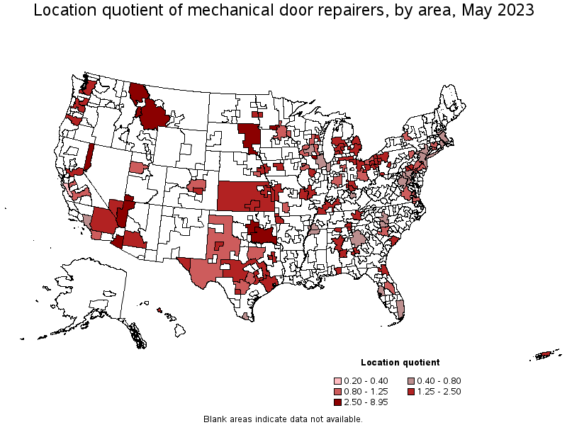 Map of location quotient of mechanical door repairers by area, May 2023