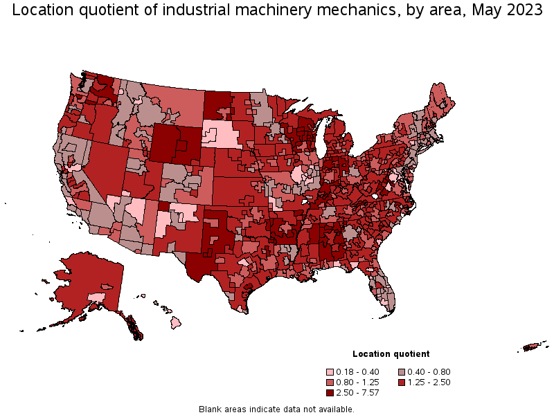 Map of location quotient of industrial machinery mechanics by area, May 2023