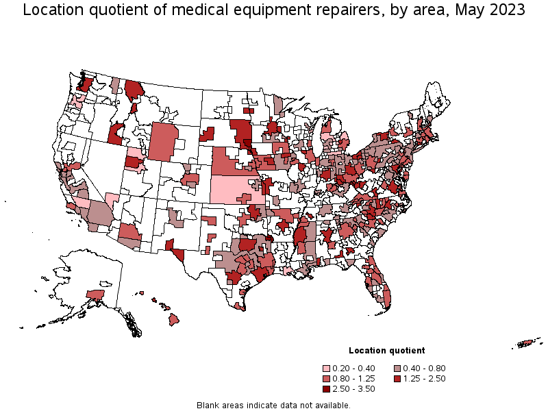 Map of location quotient of medical equipment repairers by area, May 2023