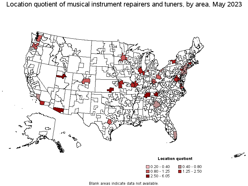 Map of location quotient of musical instrument repairers and tuners by area, May 2023