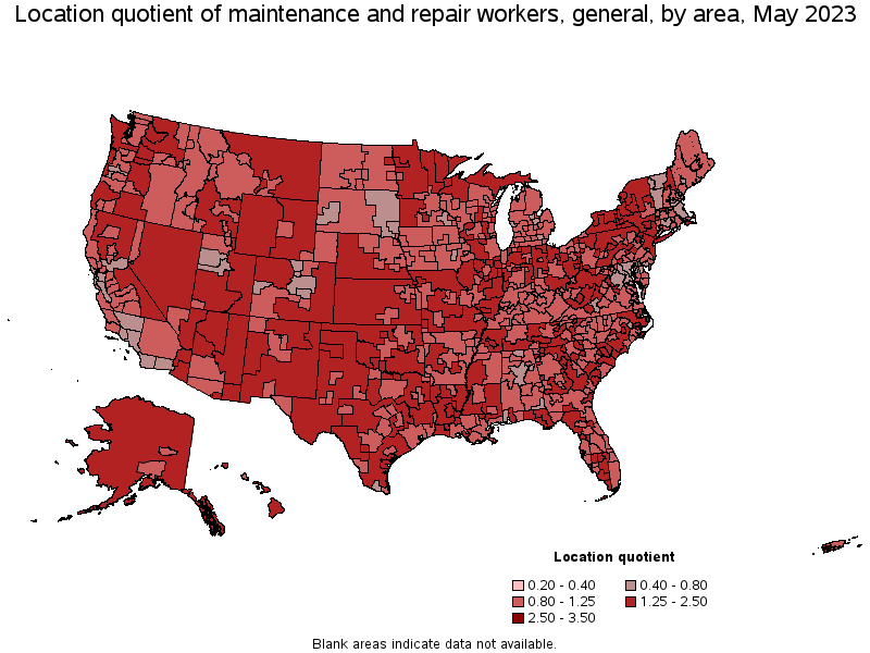 Map of location quotient of maintenance and repair workers, general by area, May 2023