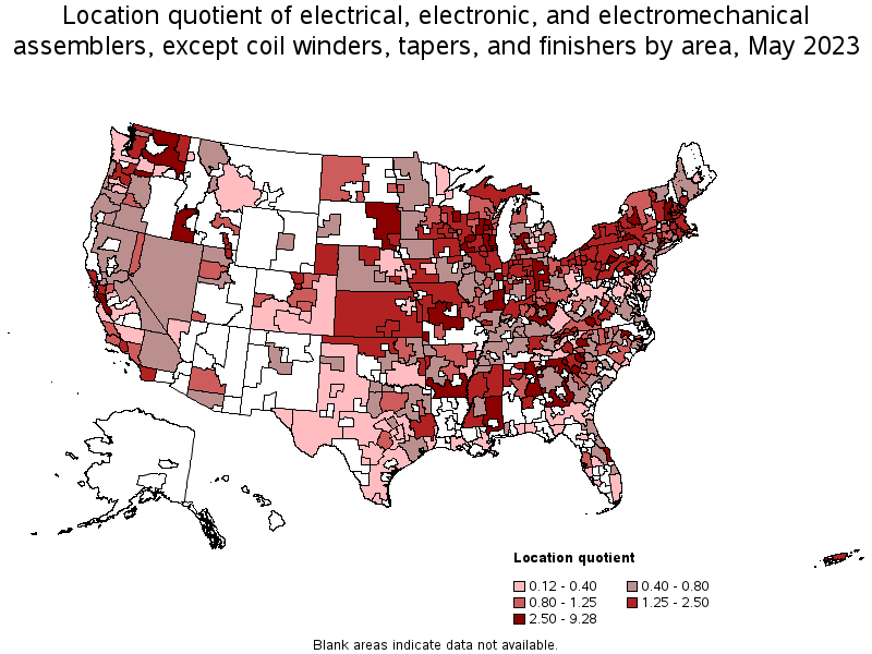Map of location quotient of electrical, electronic, and electromechanical assemblers, except coil winders, tapers, and finishers by area, May 2023