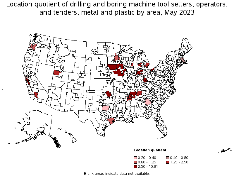 Map of location quotient of drilling and boring machine tool setters, operators, and tenders, metal and plastic by area, May 2023