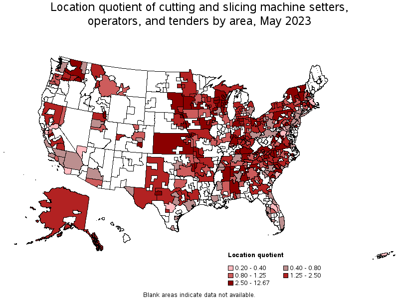 Map of location quotient of cutting and slicing machine setters, operators, and tenders by area, May 2023