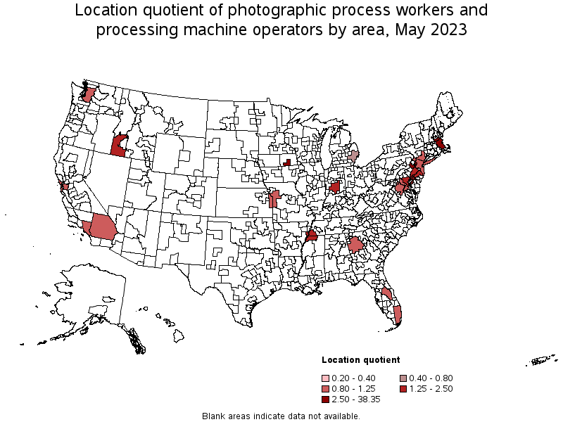 Map of location quotient of photographic process workers and processing machine operators by area, May 2023