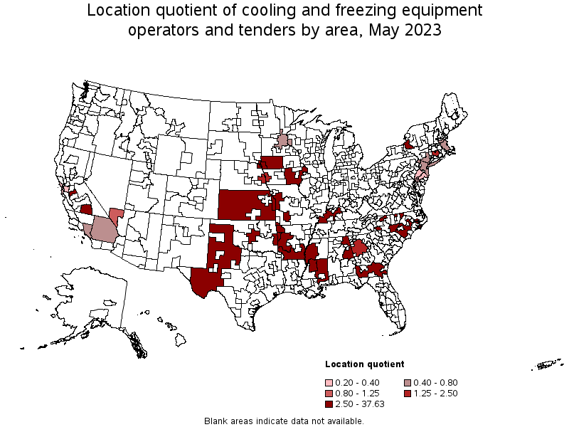 Map of location quotient of cooling and freezing equipment operators and tenders by area, May 2023
