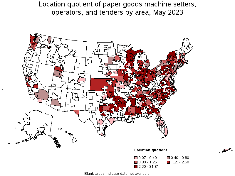 Map of location quotient of paper goods machine setters, operators, and tenders by area, May 2023